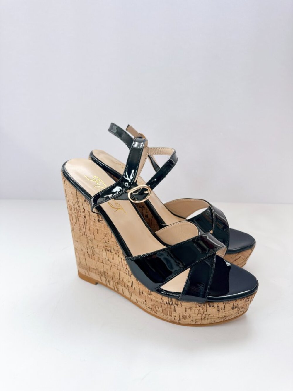 Womens Size 8 Black Patent Wedge Sandals Cork Platform Ankle Strap Heels FOWT